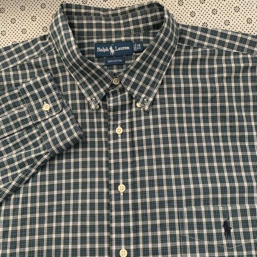 Ralph Lauren Men's 3XB Plaid Button-Down Shirt 100% Cotton Green Blue White